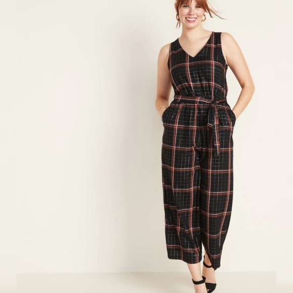 Old Navy Pants - Old Navy Black Plaid V Neck Jumpsuit